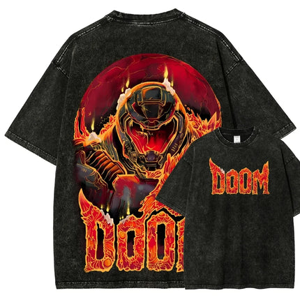 Classic Retro Shooting Game DOOM Peripherals Graphic Print T-shirt Men Women Vintage Washed Cotton Tee Oversized Casual New Tops