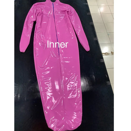 Lockable Cosplay Two Side Zip Long Sleeve Bodysuit Turtleneck Wetlook PVC Leather Bondage Bag Sleeping Body Suit Party Costume