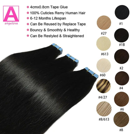 Tape In 100% Real Remy Human Hair Brazilian Human Hair Straight Extensions Skin Weft Adhesive Glue On Salon Quality for Woman