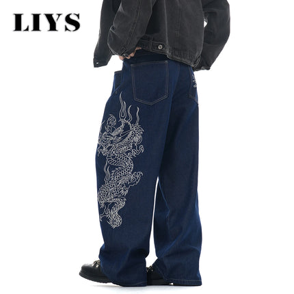 LIYS New Men's Blue Baggy Dragon Embroidered Wide Leg Jeans Spring Summer Classic Blue Baggy Washed Denim Pants Unisex Clothing