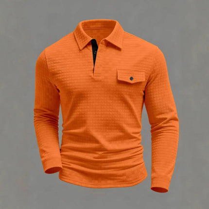 Spring Autumn Men's Classic Polo Shirt - Everyday Casual Design with Chessboard Pattern Patch Pockets on the Collar and Long Sleeves