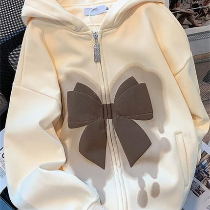 2025 New Cute Girl Zipper Bow Print Hooded Spring And Autumn Thin Collection Fashion Trends Versatile Casual Lazy Wind ﻿