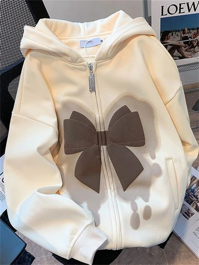 2025 New Cute Girl Zipper Bow Print Hooded Spring And Autumn Thin Collection Fashion Trends Versatile Casual Lazy Wind ﻿