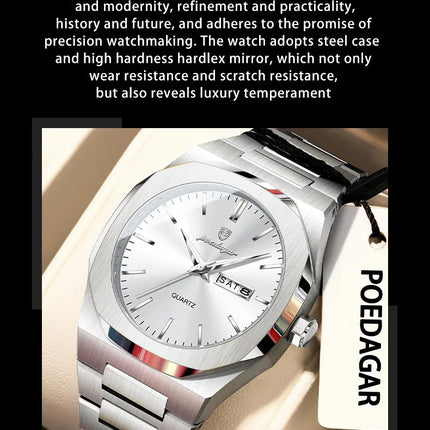 POEDAGAR Fashion Brand Male Wristwatch Waterproof Luminous Stainless Steel Men Clock Date Week Casual Quartz Men's Watches Reloj