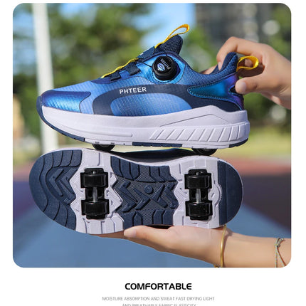 Kids Two Wheels Roller Skating Shoes with Light Magic Stick Walking Shoes, Detachable Wheels Roller Skate Shoes for Teenagers