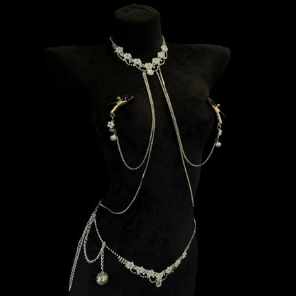 Erotic Pearl Nipple Clamps, Body Chain and Collar All-in-One SM Massage Nipple Body Decoration Adult Toy Breast Sex Toy nippel