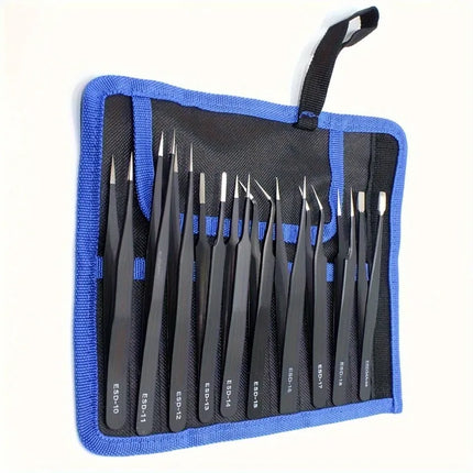 1set Canvas bag leather cover stainless steel black tweezers set anti-static precision pointed 1.5mm nail graft repair