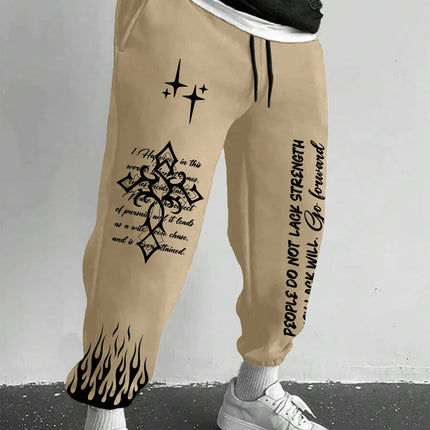 Men's Retro Vintage Script Letter Flame Graphic Joggers Elastic Cuff Sweatpants Popular Streetwear Casual Pants