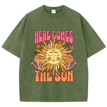 Oversize Women's Washed T-Shirt Cotton Here Comes The Sun Prints T Shirts Casual O-Neck Short Sleeve Tops Loose Women's Clothes