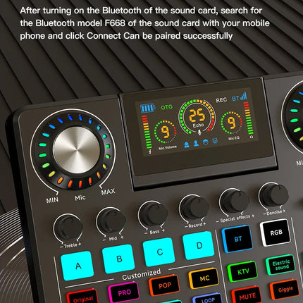 Audio Mixer, Live Sound Card with DJ Mixer Effects & Voice Changer, Sound Board with RGB, Music Recording Equipment