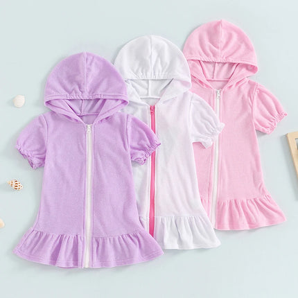 Girls Swimwear Cover-ups Solid Color Short Sleeve Zipper Ruffle Beach Dress Toddler Bathing Suit Kids Bikini Cover Up 1-8Y