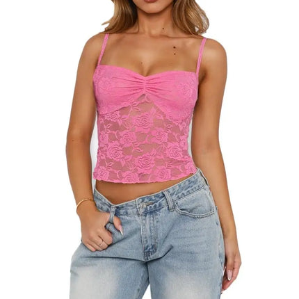 Women's Summer Lace Cami Tops Sleeveless Ruched Front Solid Color Camisole Slim Fit Tank Tops