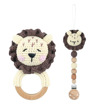 Baby Rattle Crochet Bear Teether Rattle With Bells Pacifier Chain Newborn Montessori Educational Toy Wooden Rings Baby Toys