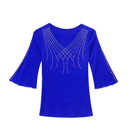 2025 Spring Summer Mesh Tops Korean Fashion Diamond T Shirt Slim 3/4 Sleeve Hollow Out Casual Women Shirt