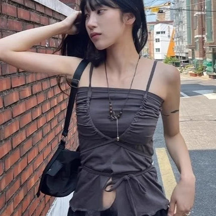 Korean Sle Unique Belted Design Slimming Versatile Split Front Strapl Top Women's Summer Faion Commute Straight Cut Vest