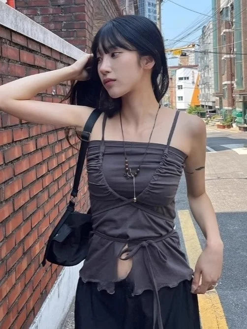 Korean Style Unique Belted Design Slimming Versatile Split Front Strapless Top Women's Summer Fashion Commute Straight Cut Vest