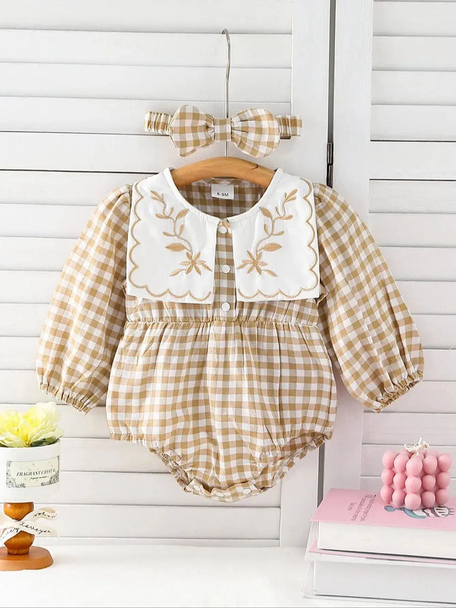 Baby girl fashionable fake-collar embroidered round-neck long-sleeved plaid triangle jumpsuit (including headband)