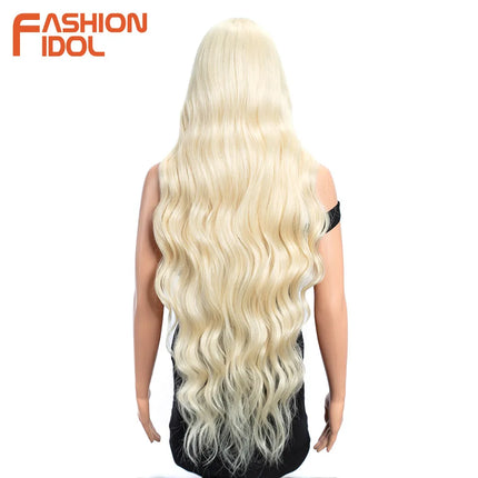 FASHION IDOL 36inch/90cm Body Wavy Lace Wigs Synthetic High Temperature Fiber Ombre Blonde Natural Hair Lace Front Wigs Cosplay