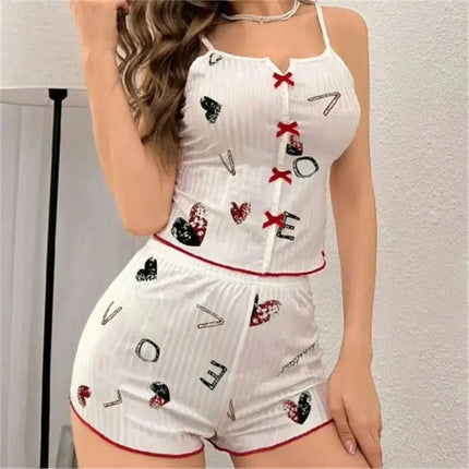 New Hot Sale Of The Season Heart Pattern Color Block Sleepwear Set with Slit in Front Strap Women's Vest Tops Non-Stitched Exte