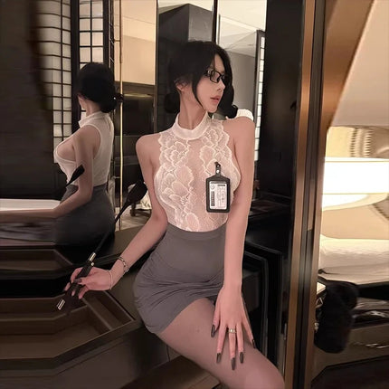 Fetish lingerie; sexy pure secretary hip-hugging skirt; passionate temptation; sexy hollow-out transparent set