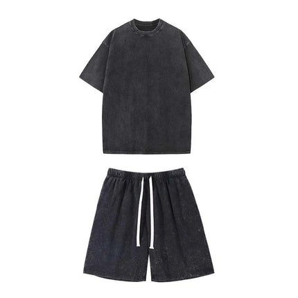 Washed and aged short-sleeved T-shirt and shorts set. Unisex. European size. Stir-fried snowflake design. Summer top set.