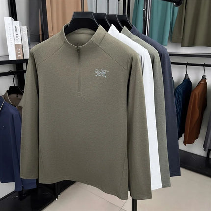 Luxury Brand Men's Long-Sleeved T-Shirt Mock Neck Half-Zip Letter Embroidery Personality Retro Spring Tops Trend Hot Men's Clothing