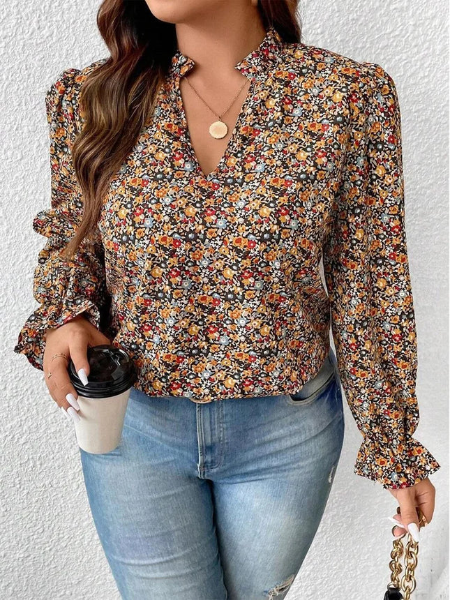 Plus Size Women's Shirt, Flower Print V Neck Long-Sleeved Top, Loose Fit, Elegant Design, Fabric Soft, Vacation Casual Shirt