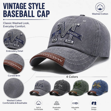 Vintage Washed Cotton Baseball Cap Men Women Letter M Embroidery Dad Hat Retro Leather Brim Edge Snapback Sun Hat Gorras Bone