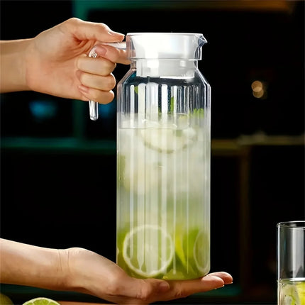 1pc Acrylic Pitcher Transparent Juice Bottle with Lid, Striped Water Ice Cold Juice Jug Non-Slip Handle for Bar Home Homemade Be
