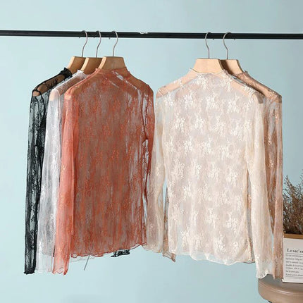 S-XL New Women Floral Lace Shirt Spring Autumn Long Sleeve Sexy Mesh Bottoming Shirts Mock Neck Blouse T-Shirt Pullover Top