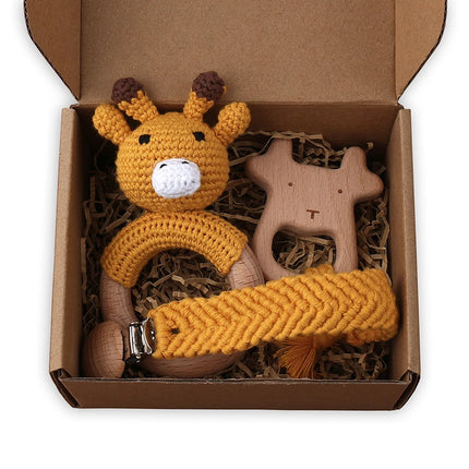 3Pcs/set Infants Shower Gift Baby Pacifier Chain Clip Beech Teether Wooden Teething Ring Newborn Crochet Animal Rabbite Rattle