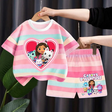Gabby Dollhouse Children Summer Clothes Shorts Suit 2pcs Striped T-shirt Set Kid Tops Girl Tracksuits Outfits Boy Sport Tee Gift