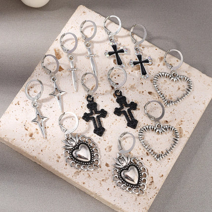 Aihua 12pcs Fashion Silver Color Heart Drop Earrings Set for Women Teens Simple Cross Pendant Dangle Earring Y2K Party Jewelry