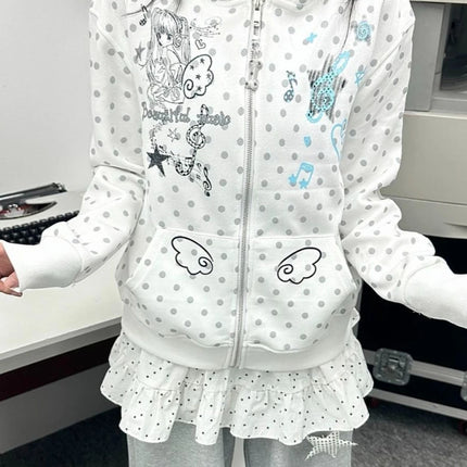 Japanese Sweet Hoodies Long Sleeve Pockets Cartoon Print Polka Dot Loose Sweatshirts Y2k Aesthetics Cute Tops Women's Clothing