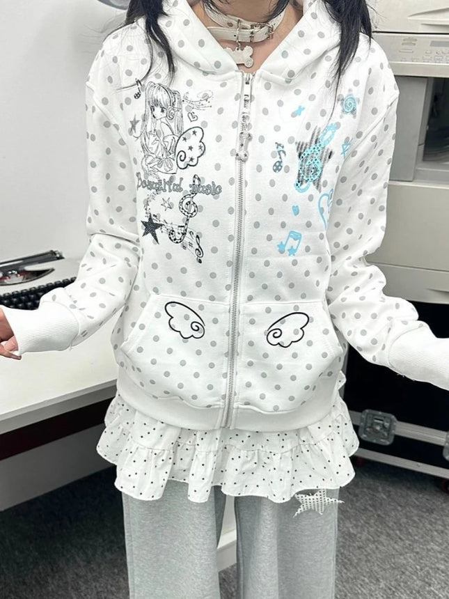 Japanese Sweet Hoodies Long Sleeve Pockets Cartoon Print Polka Dot Loose Sweatshirts Y2k Aesthetics Cute Tops Women's Clothing