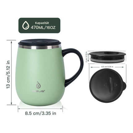 Ideus 470ml insulated coffee cup, travel coffee cup, 304 double-layer stainless steel vacuum milk cup with handle and leak-proof