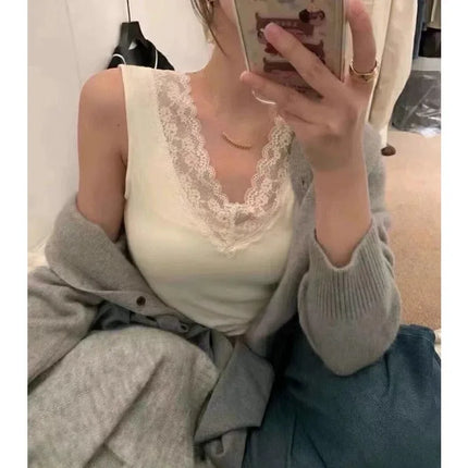 Spring Autumn Women's Slim Fit Lace Trim V-Neck Strap Vest Top Slim Inner Wear Base Layer Sweet Style Elastic Fiber