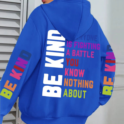 Be Kind Hoodies Women Letter Prints Winter Fleece Warm Hooded Street Pocket Loose Sweatshirts Casual All-match Woman Clothes