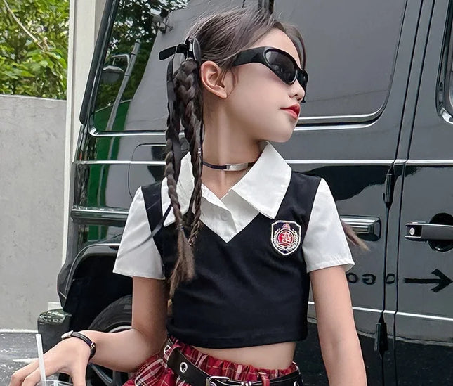 1pc 2026 New Summer Street American Children's Set Teenager Girls Clothes Blouse Shirt or Checked JK Pleated Skirt 4 8 10 12 Year
