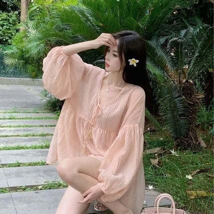 Korean Version V-neck Long Sleeved Shirt for Women's Spring 2024 New Loose Medium Long Sun Protection Shirt Top Two-piece Set