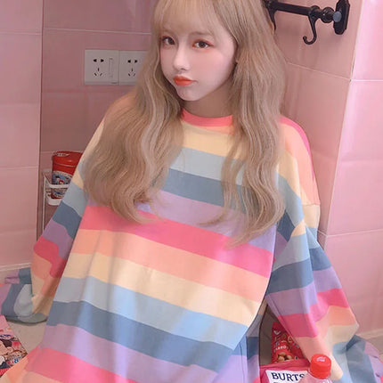 Women's Rainbow Striped Long-Sleeve Hoodless Jacket Harajuku Style Korean Version Loose Thin Shirt for Female Students