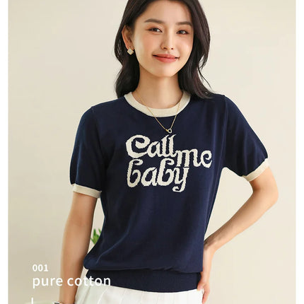 New women's short-sleeved 100% cotton knitted O-neck women's T-shirt Korean version fashionable hot selling top