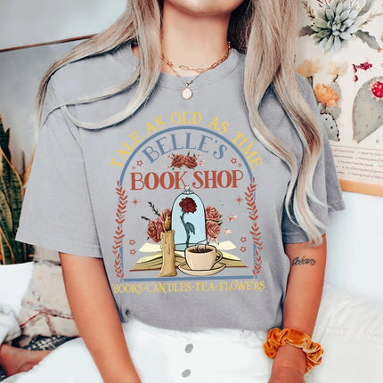 Vintage Retro Belle's Book shop Shirt Tale as old as time Beauty and The Beast Magic Tee Casual Y2K Top Daily Trendy Streetwear