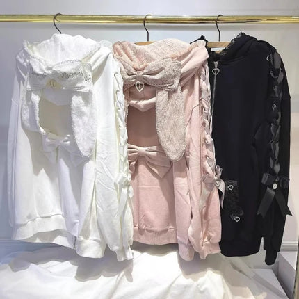 Winter Sweet Cute Rabbit Ears Lolita Coats Women Casual Fashion Bandage Lace Oversized Sweatshirt Y2k Harajuku Hooded Jackets