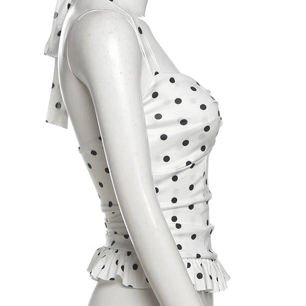 Weird Puss Polka Dot Print Top Women Halter Low-Neck Bandage Ruffles Backless Sleeveless Skinny Summer Trend Street Basic Vest
