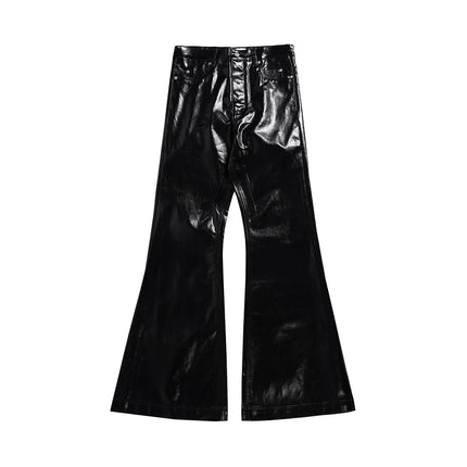 High Street Wide Leg Glossy Pu Leather Pants Sashes Boot Cut Men and Wome Straight Baggy Casual Jeans Oversized Flared Trousers