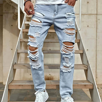 Men's Ripped Non-Stretch Jeans - Distressed Streetwear Loose Fit Denim, Hip-hop Style Regular Length All-Season Comfort