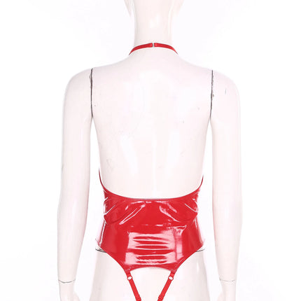 Womens PU Leather Hollow Out Lingerie Bodysuit Wet Look Strappy Halter Neck Open Chest Backless Crotchless High Cut Catsuits
