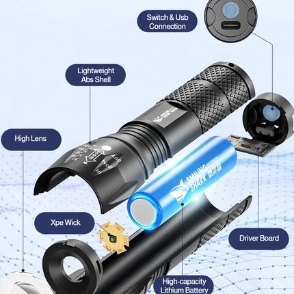 Portable LED Flashlight High Bright Mini Usb Rechargeable Light Telescopic Zoom 3Levels Light for Outdoor Camping Hiking Use