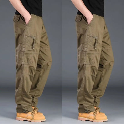 Men's Workwear Pants Multiple Pockets Outdoor Casual Trousers Wear-Resistant Loose Straight Leg Long Pants High Waist Zipper